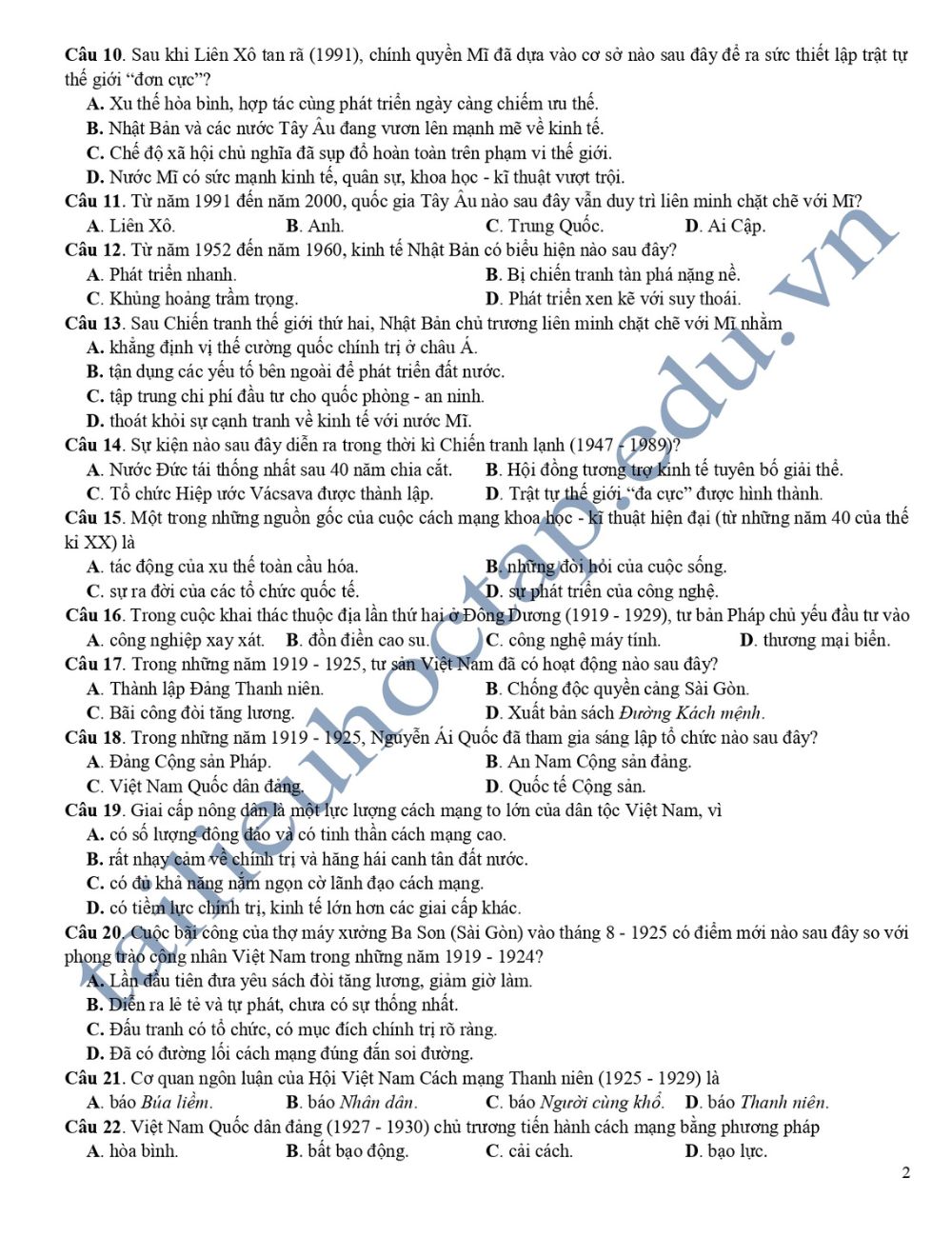 Đề thi KSCL môn lịch sử lớp 12 tỉnh Hải Dương 2024 2