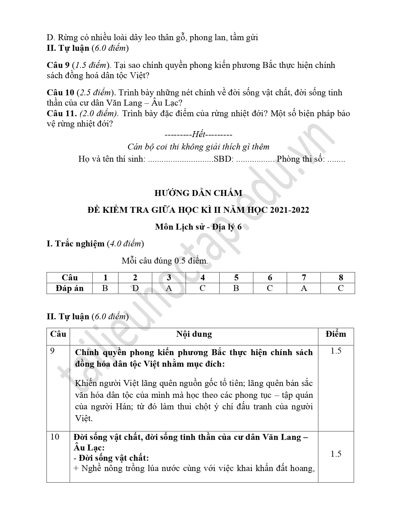 Đề thi lịch sử và địa lý lớp 6 giữa học kì 2 THCS Đạo Trù 2022 có đáp án 3