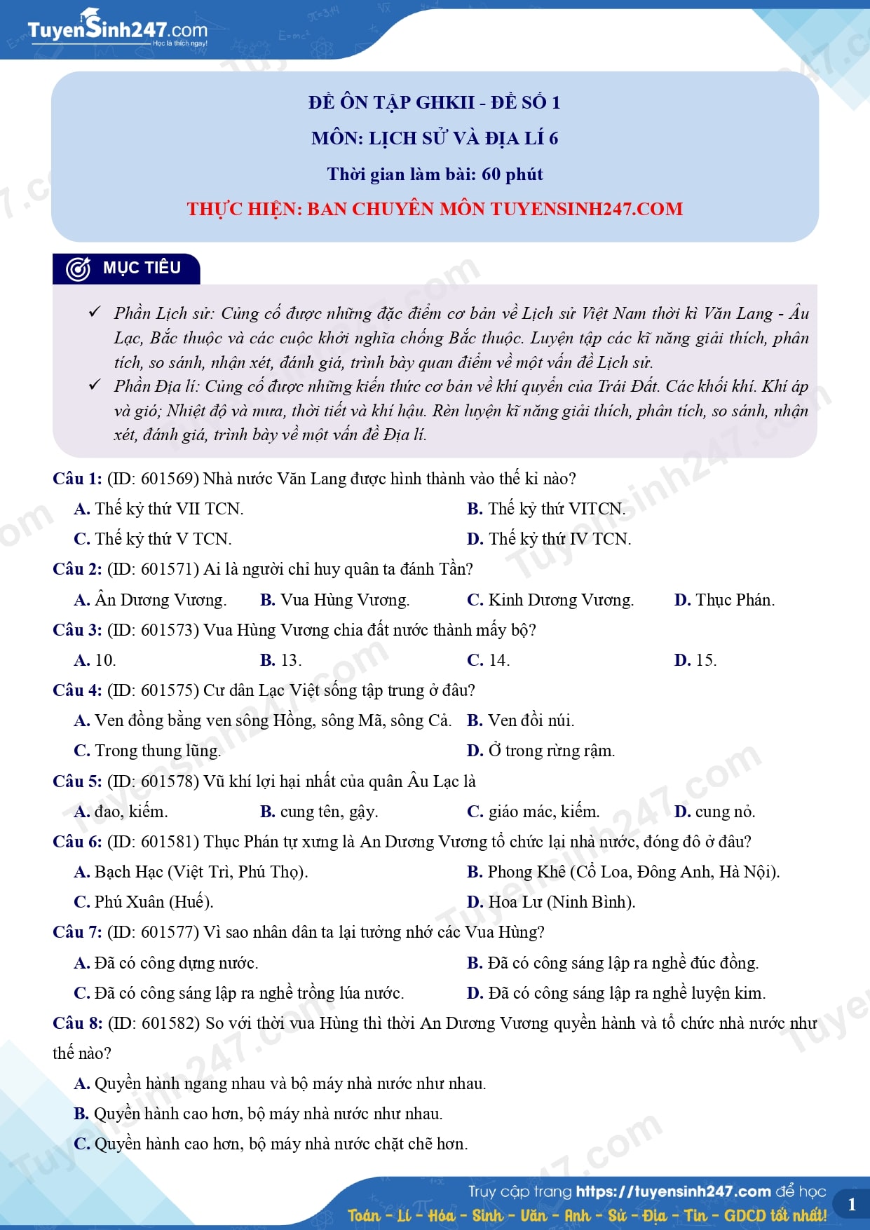 Đề ôn thi lịch sử và địa lý lớp 6 giữa kì 2 có đáp án 1