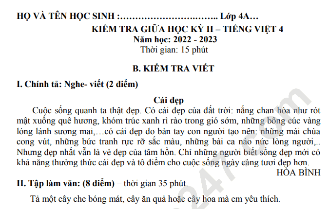 Đề thi tiếng việt lớp 4 giữa học kì 2 trường TH Tô Hiến Thành 2023 2