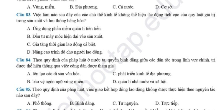 Đề thi thử tốt nghiệp môn GDCD tỉnh Tuyên Quang 2024
