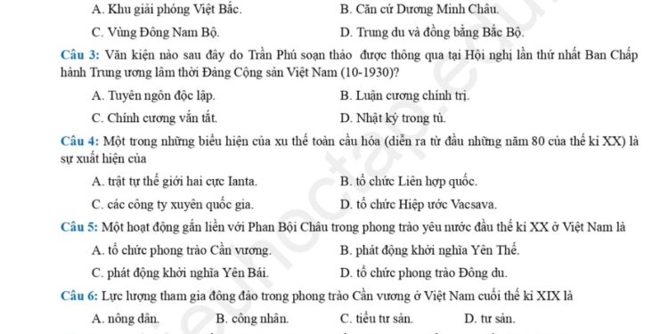 Đề thi thử tốt nghiệp lịch sử tỉnh Hoà Bình 2024