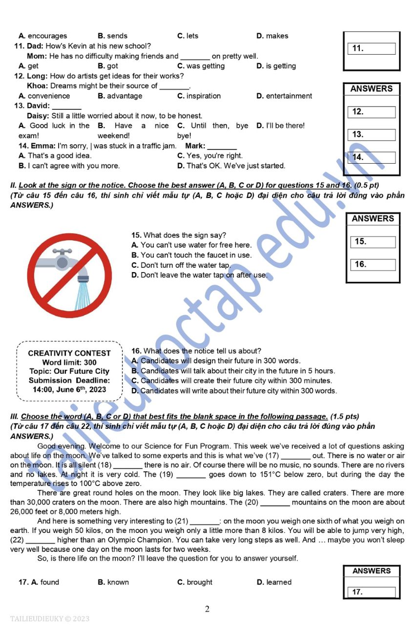 Đề thi tiếng Anh vào lớp 10 TPHCM 2023 2024 2
