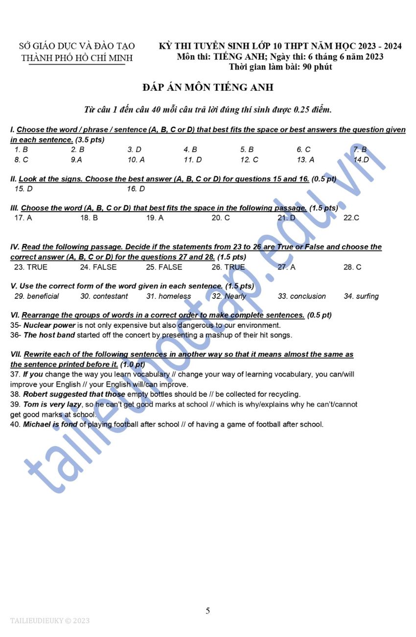 Đề thi tiếng Anh vào lớp 10 TPHCM 2023 2024 5