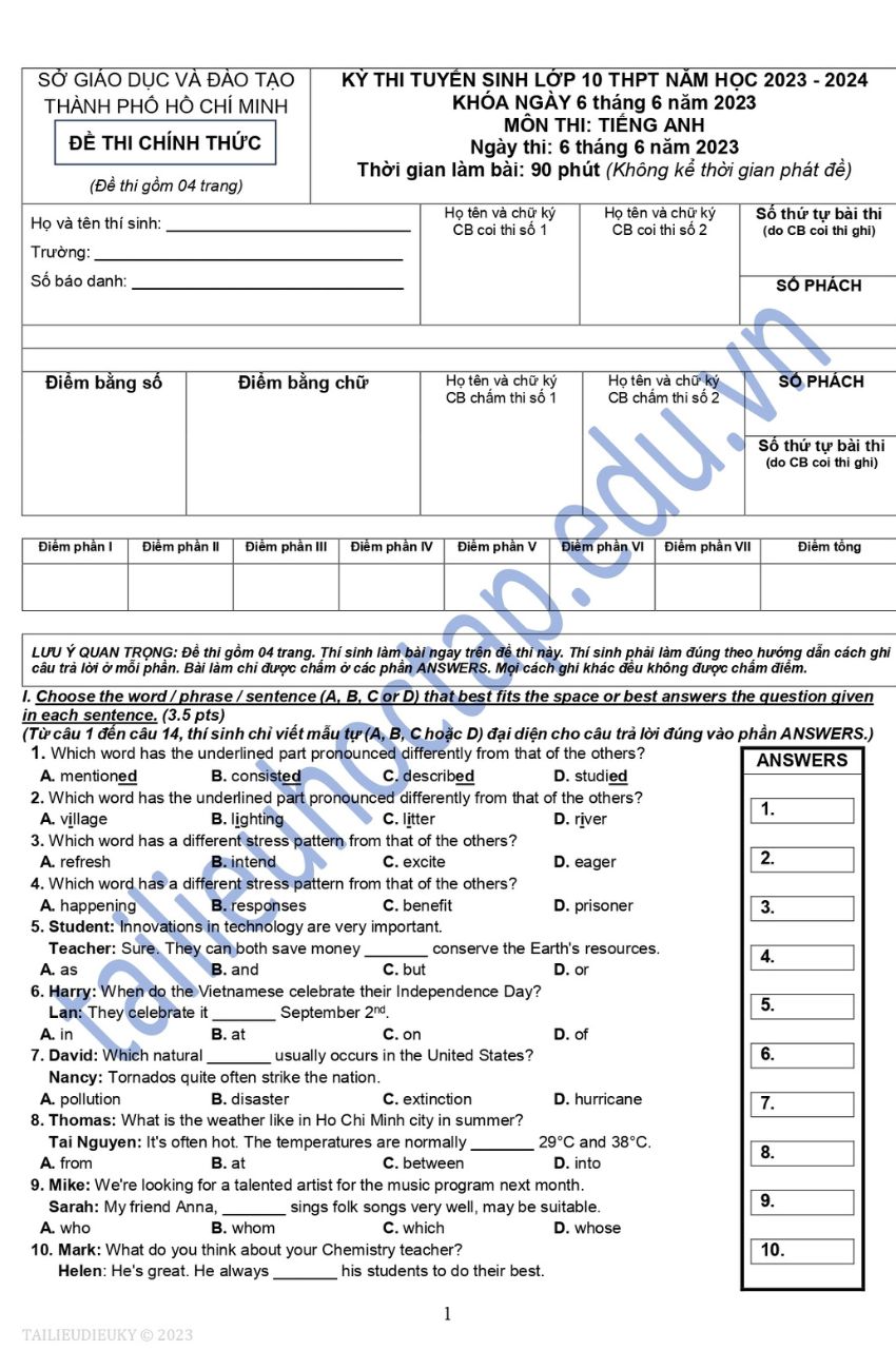 Đề thi tiếng Anh vào lớp 10 TPHCM 2023 2024