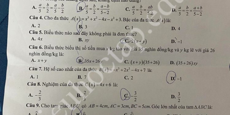 Đề thi toán giữa HK2 lớp 7 THCS Xuân Đỉnh 2024