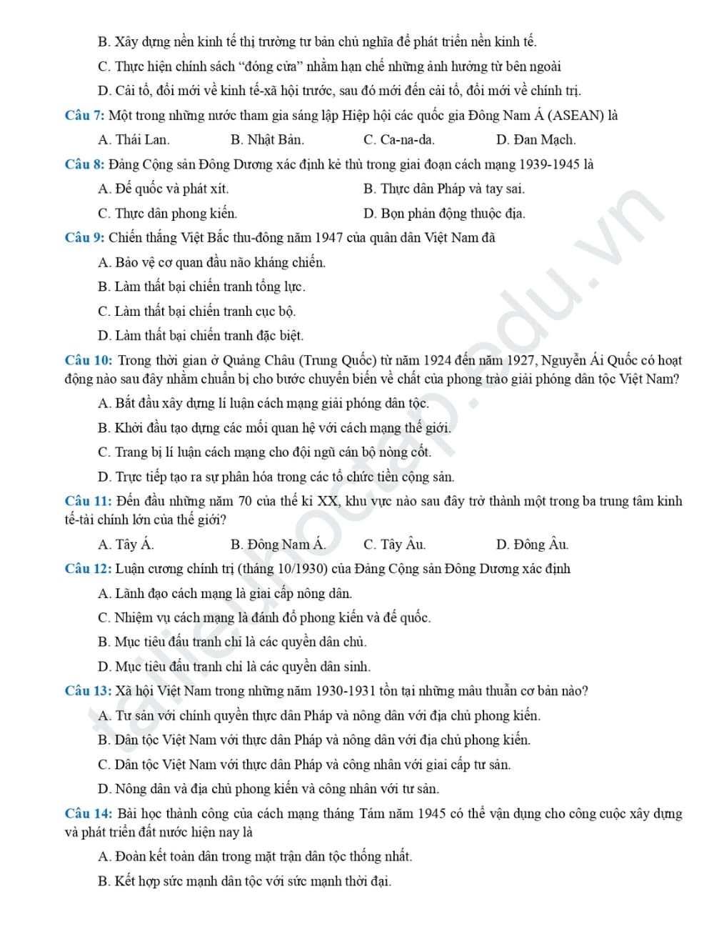 Đề thi khảo sát Lịch Sử THPT chuyên Hưng Yên 2024 2