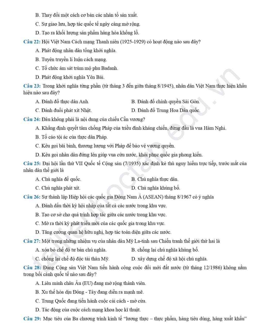 Đề thi khảo sát Lịch Sử THPT chuyên Hưng Yên 2024 4