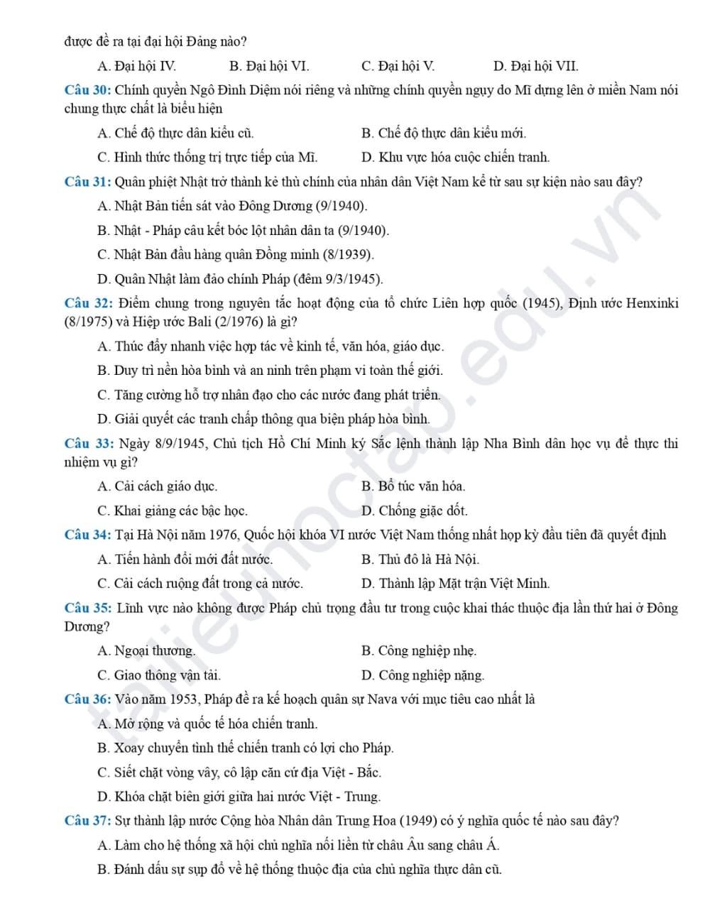 Đề thi khảo sát Lịch Sử THPT chuyên Hưng Yên 2024 4
