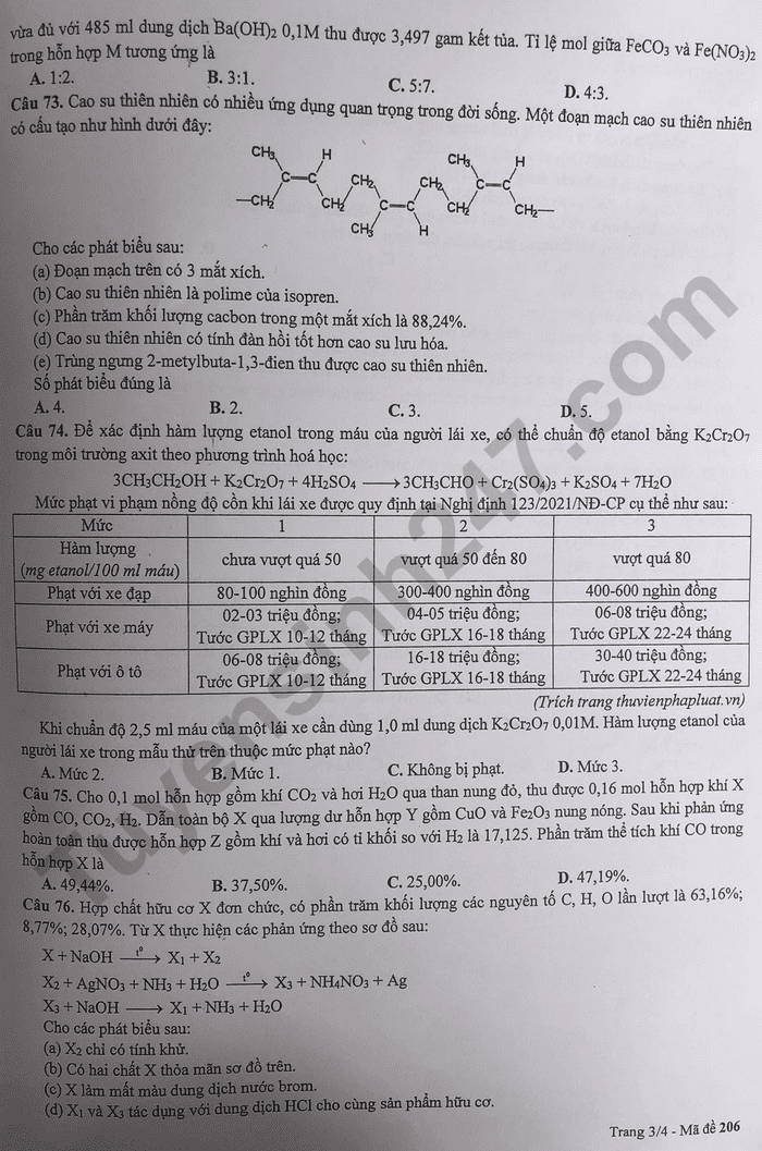 Đề thi thử tốt nghiệp môn Hoá Hà Nội 2024 3