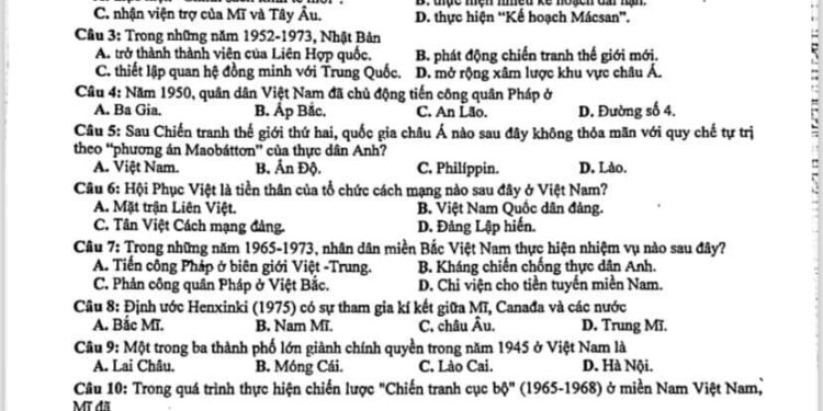 Đề thi thử tốt nghiệp môn lịch sử tỉnh Hà Tĩnh 2024 lần 2