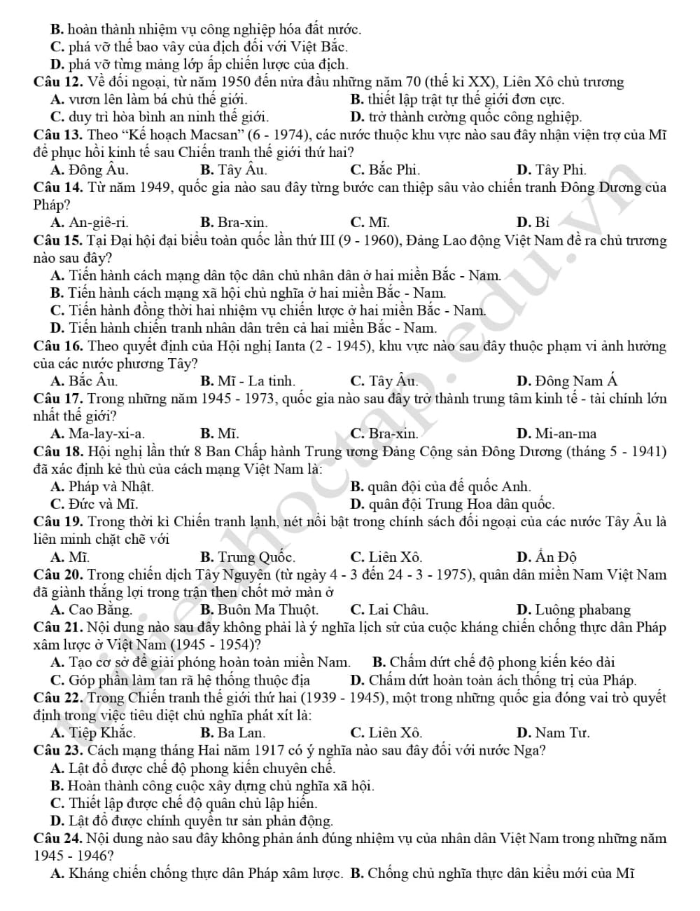 Đề thi thử tốt nghiệp lịch sử tỉnh Thừa Thiên Huế 2024 2