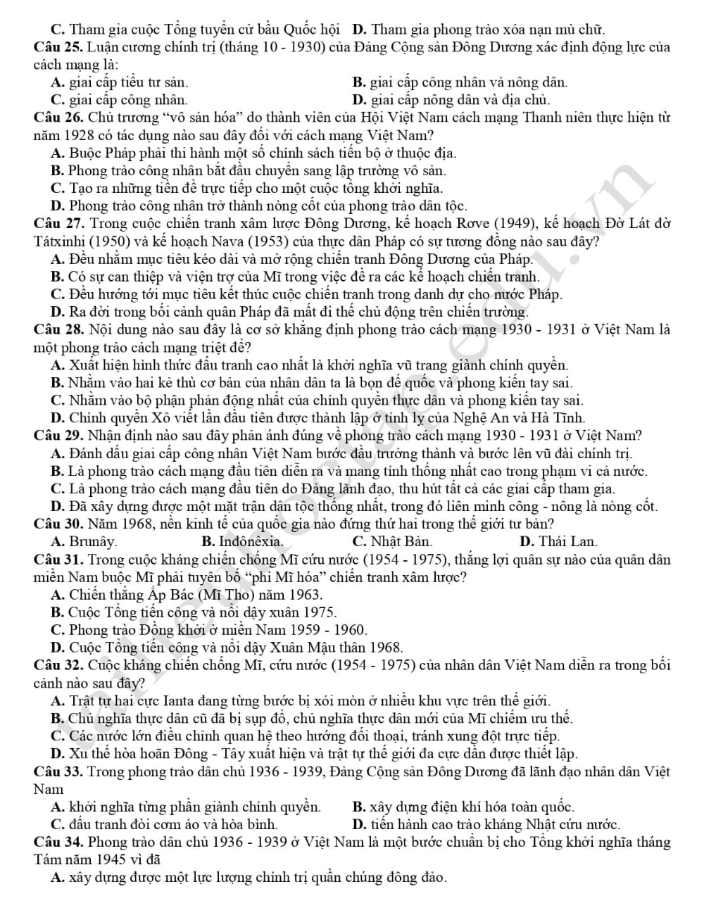 Đề thi thử tốt nghiệp lịch sử tỉnh Thừa Thiên Huế 2024 3