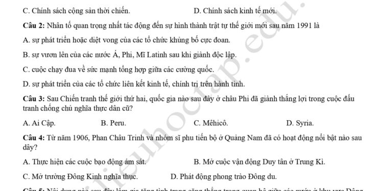 Đề thi KSCL lớp 12 môn lịch sử Thái Bình 2024 lần 2