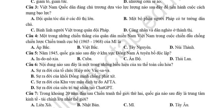 Đề thi thử tốt nghiệp môn lịch sử Hải Phòng 2024 lần 2