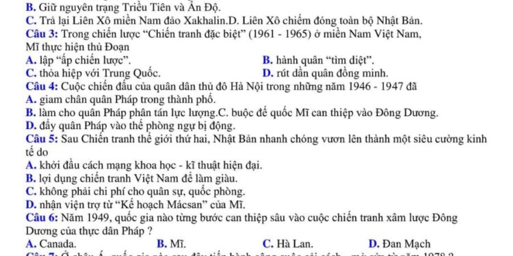 đề thi khảo sát chất lượng môn lịch tỉnh Phú Thọ 2024 có đáp án