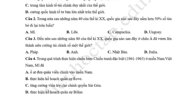 Đề thi thử tốt nghiệp môn lịch sử 2024 tỉnh Nghệ An mã 318