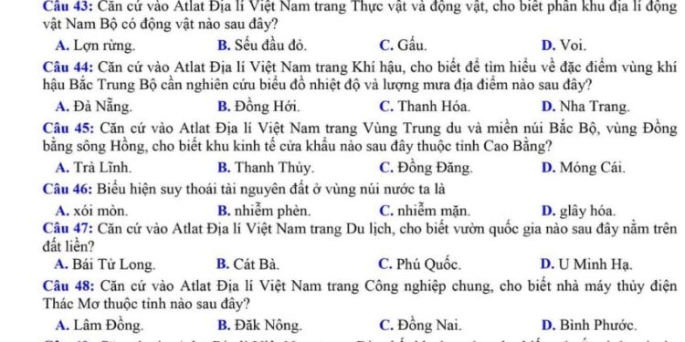 Đề thi thử tốt nghiệp môn địa Lý tỉnh Nam Định 2024 lần 1