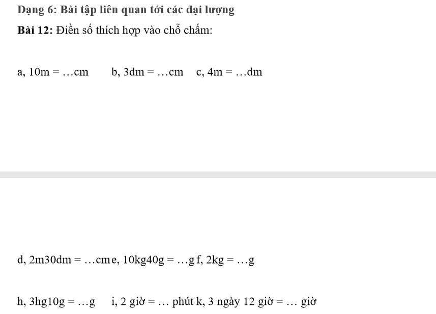 Các dạng bài tập Toán lớp 3 học kì 2 các đại lượng