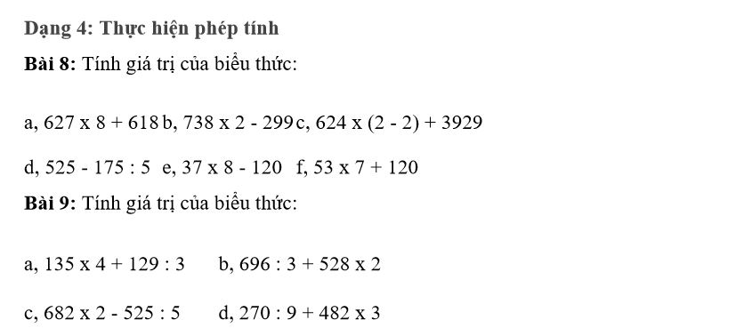 cac dang bai tap toan lop 3 hoc ki 2 thuc hien phep tinh