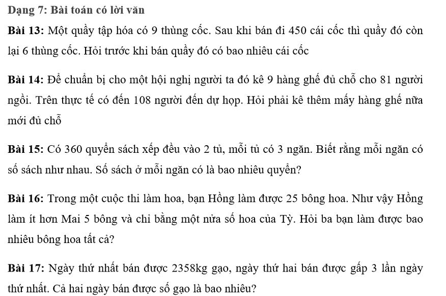 Các dạng bài tập Toán lớp 3 học kì 2 toán có lời văn