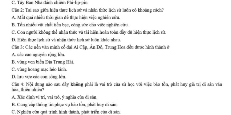 Đề thi HSG lớp 10 môn lịch sử cấp tỉnh Thái Bình 2024
