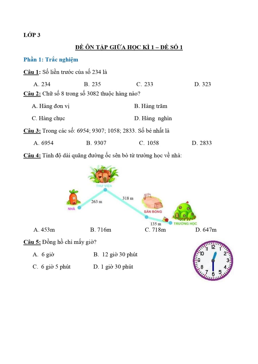 Đề ôn thi kiểm tra giữa HK1 môn toán lớp 3 - Đề số 1