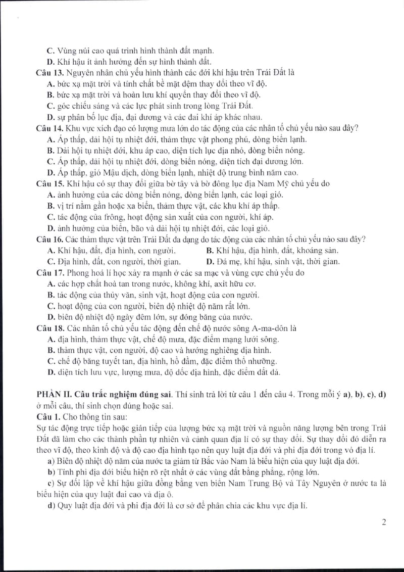 Đề minh hoạ kiểm tra định kỳ lớp 10 môn Địa Lý 2