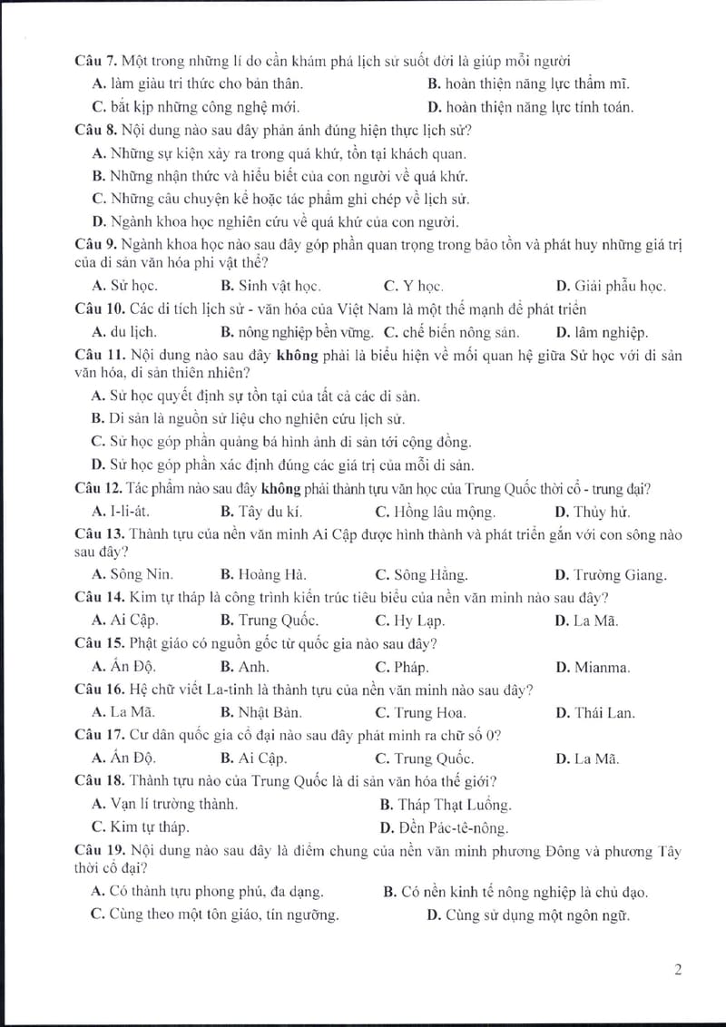 Đề minh hoạ kiểm tra định kỳ lớp 10 môn lịch sử 2