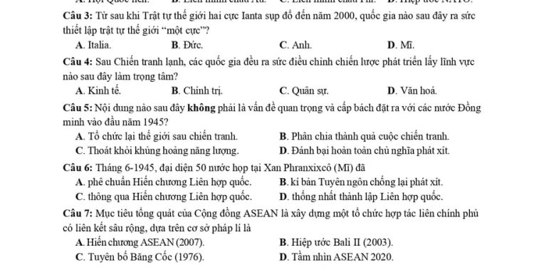 Đề thi giữa kì 1 môn lịch sử lớp 12 chương trình mới có đáp án