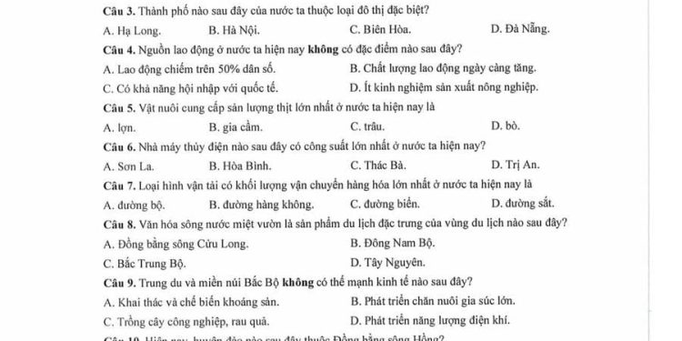 Đề minh hoạ Địa Lý tốt nghiệp THPT 2025 có đáp án