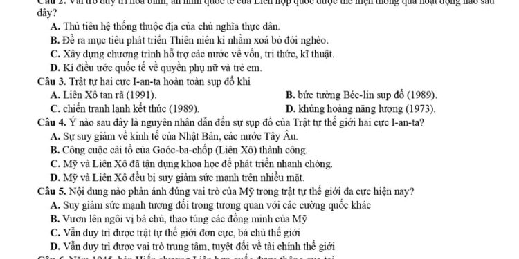 Đề thi lịch sử giữa HK1 lớp 12 THPT Yên Lạc 2024 có đáp án