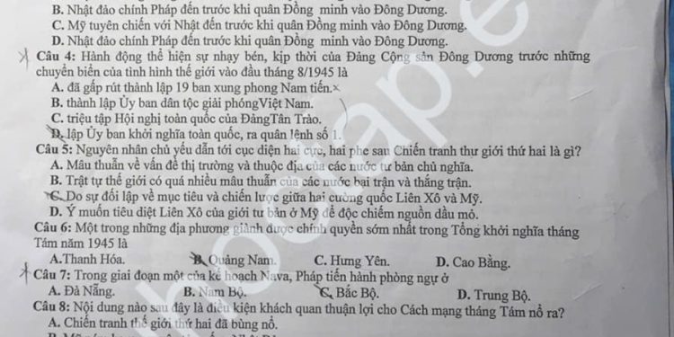 Đề thi lịch sử lớp 12 giữa HK1 THPT Hưng Nhân 2024