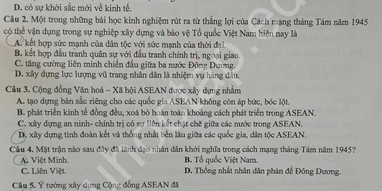 Đề thi giữa HK1 lịch sử lớp 12 THPT Bắc Duyên Hà 2024