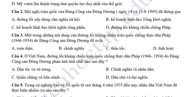 Đề thi lịch sử cuối HK1 lớp 12 tỉnh Bắc Ninh 2024 có đáp án