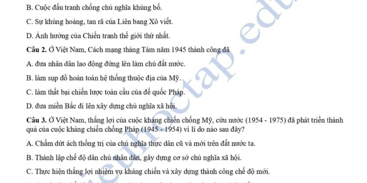 Đề thi Lịch Sử HK1 lớp 12 tỉnh Nam Định 2024 có đáp án