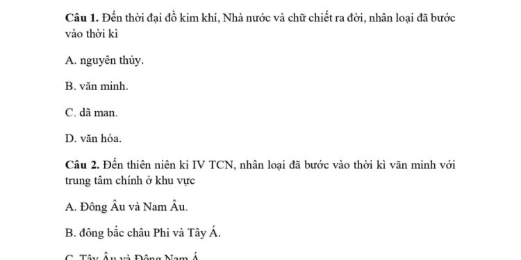 Đề ôn thi HK1 lịch sử lớp 10 đề số 1 sách CTST có đáp án