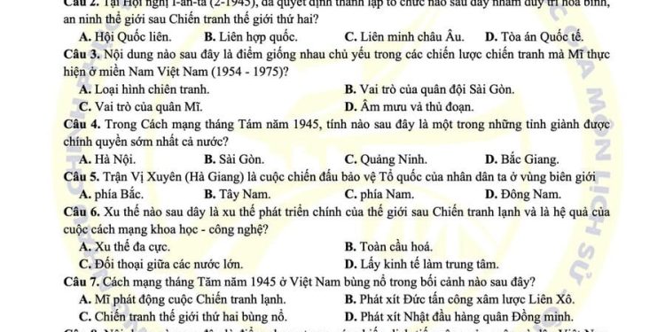 Đề thi cuối HK1 lịch sử lớp 12 tỉnh Bắc Giang 2024 có đáp án