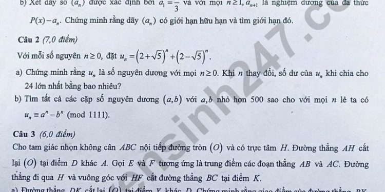 Đề thi học sinh giỏi Toán cấp Quốc gia năm học 2024 2025 Ngày 1