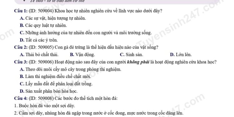 Đề ôn thi cuối HK1 môn KHTN lớp 6 đề 1 có đáp án