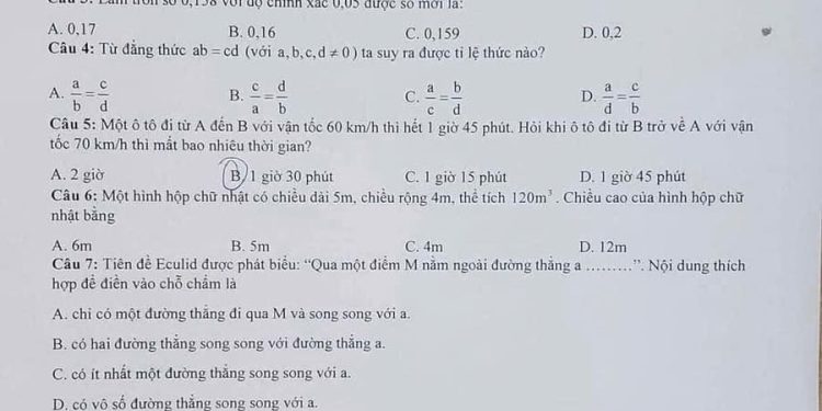 Đề thi toán lớp 7 HK1 THCS Marie Curie 2024 có đáp án