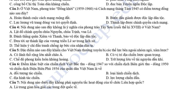 Đề thi thử lịch sử cụm THPT tỉnh Bắc Ninh 2025 có đáp án