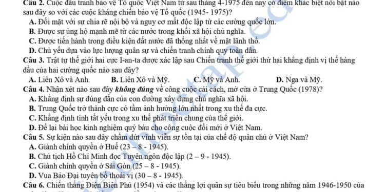 Đề thi thử tốt nghiệp lịch sử liên trường Nghệ An 2025
