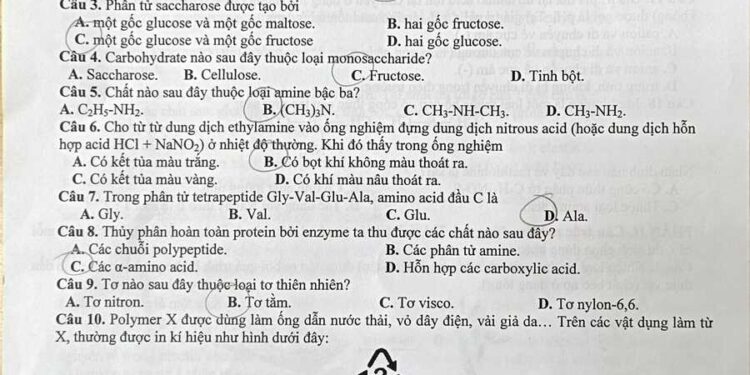 Đề thi Hoá cuối HK1 lớp 12 quận Tây Hồ 2024