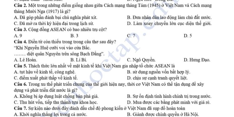 Đề thi thử tốt nghiệp môn sử THPT Kẻ Sặt 2025 lần 2