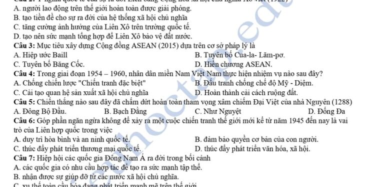 Đề thi KSCL môn lịch sử lớp 12 tỉnh Phú Thọ 2025 có đáp án