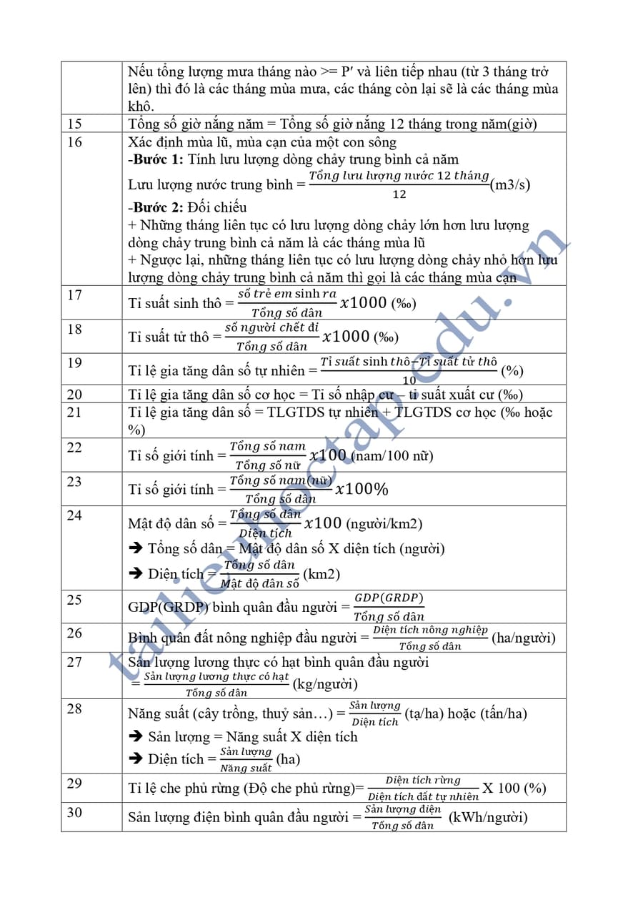 40 công thức địa lí lớp 12 nâng cao chương trình mới 2
