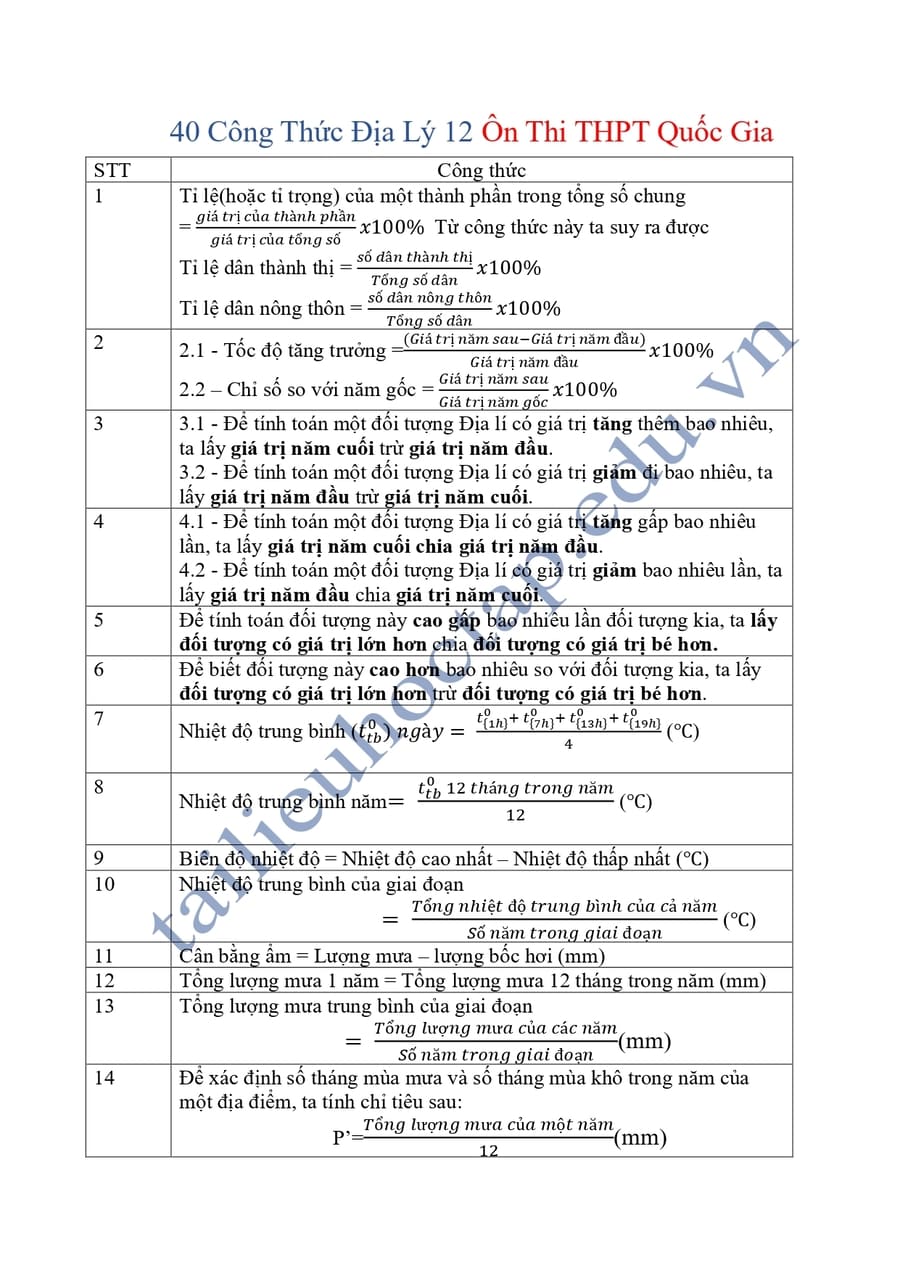 40 công thức địa lí lớp 12 nâng cao chương trình mới