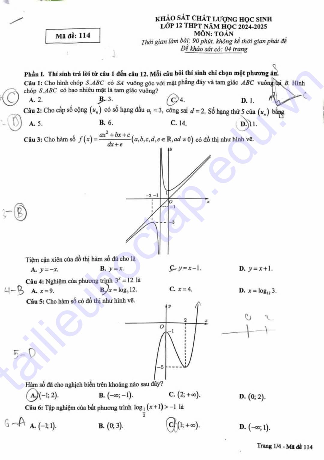 Đề thi KSCL môn toán lớp 12 tỉnh Phú Thọ 2025