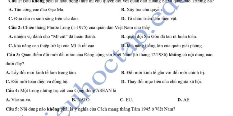 Đề thi thử tốt nghiệp môn sử cụm Nam Trực 2025 có đáp án